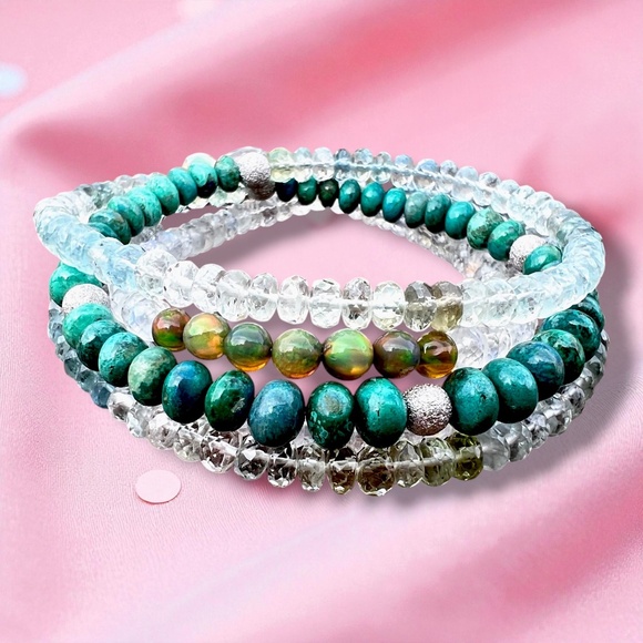 Natural Chrysocolla, Aquamarine, Moonstone Wrap Bracelet Necklace 14k White Gold - Picture 2 of 11